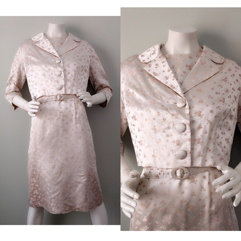 Vtg 60s Japan Cherry Blossom Silk Dress Set v-day